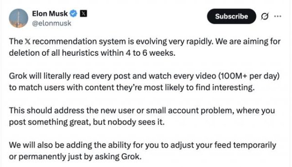 精选期货配资 马斯克要让Grok全面接管x，彻底剔除人类规则推荐算法